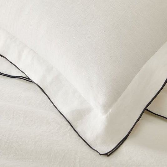 Sable Edge Linen Duvet Cover - White with black border