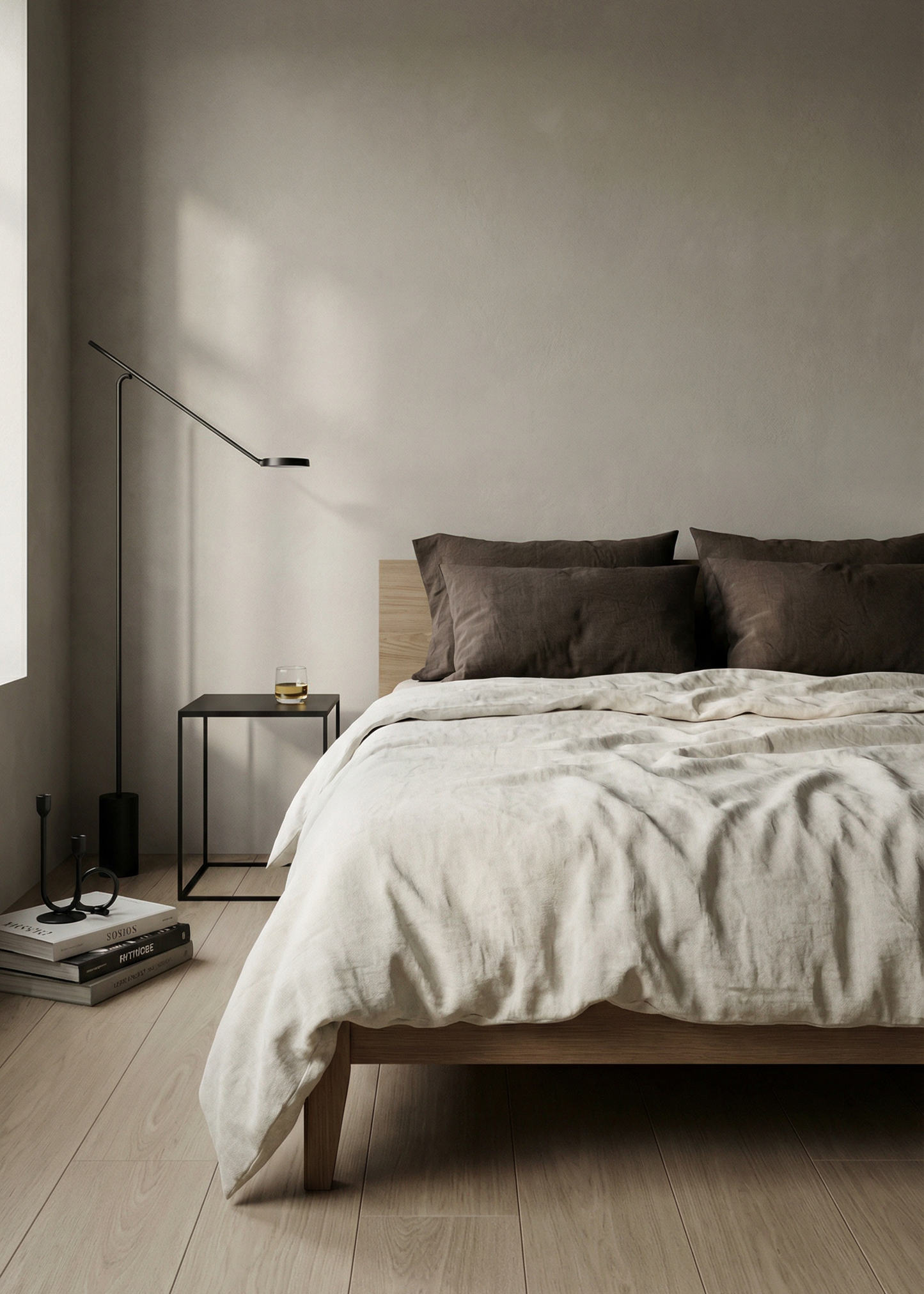 Modern bedroom with a bed, nightstands, and minimal decor.