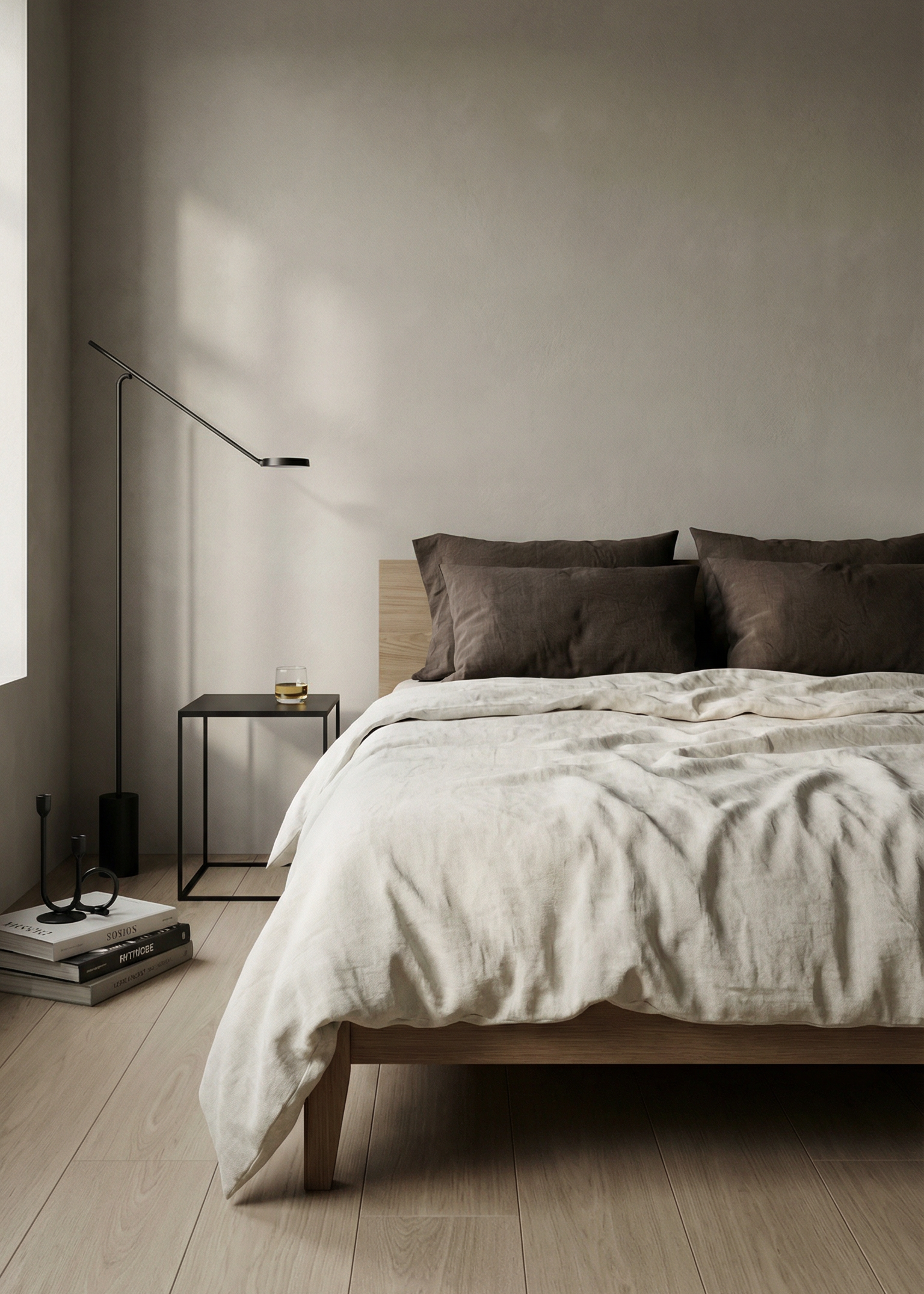 Modern bedroom with a bed, nightstands, and minimal decor.