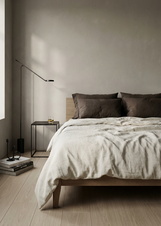 Modern bedroom with a bed, nightstands, and minimal decor.