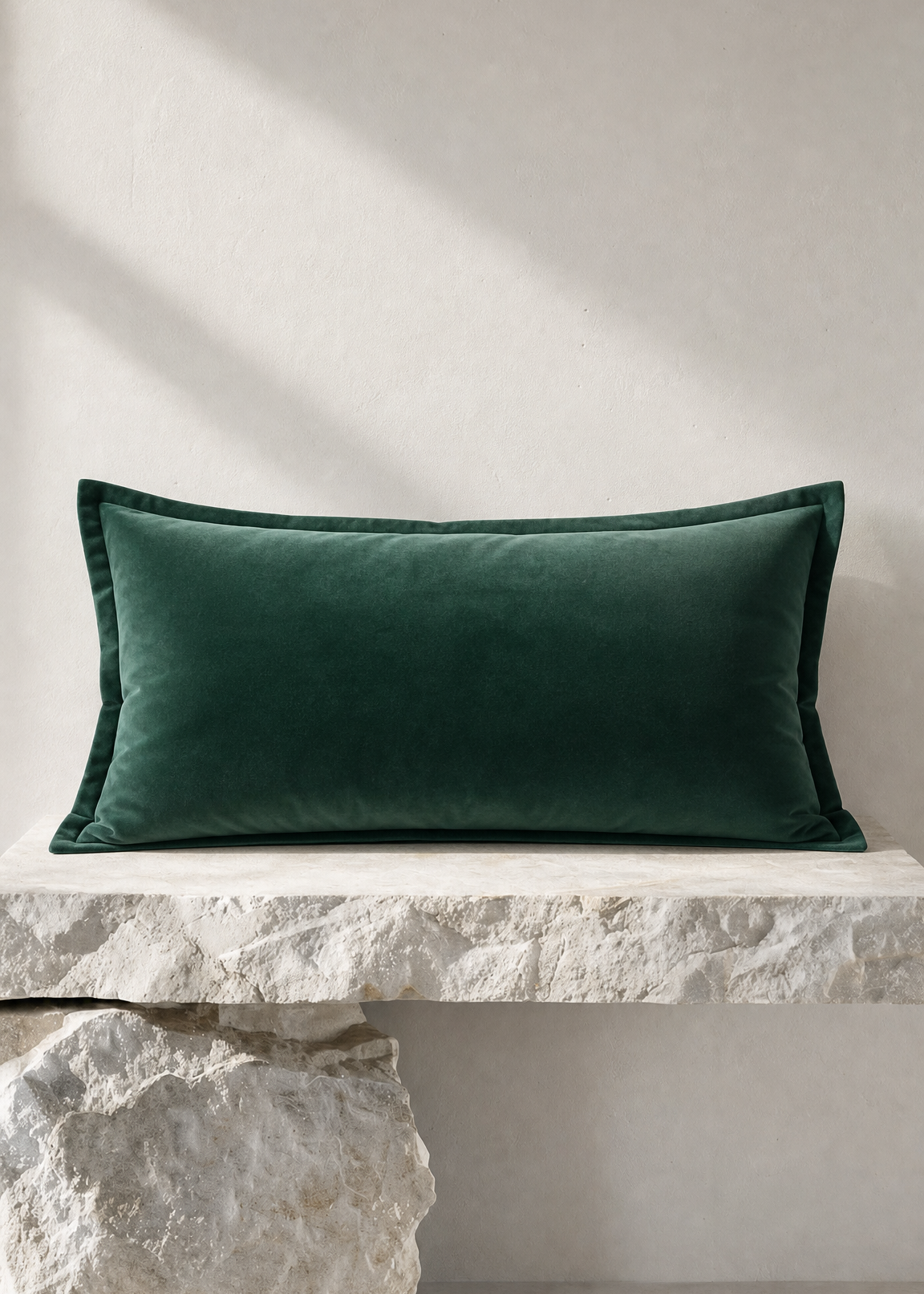 A dark green velvet rectangular throw pillow resting on a light stone bench against a textured off-white wall with soft diagonal sunlight.