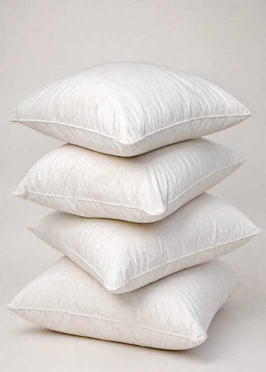 Four white square pillows stacked vertically on a light beige studio background.