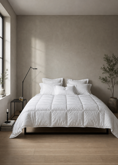 A neatly made bed with a white quilted comforter and matching pillows in a minimalist bedroom with a textured beige wall, light wood floor, and a black floor lamp.
