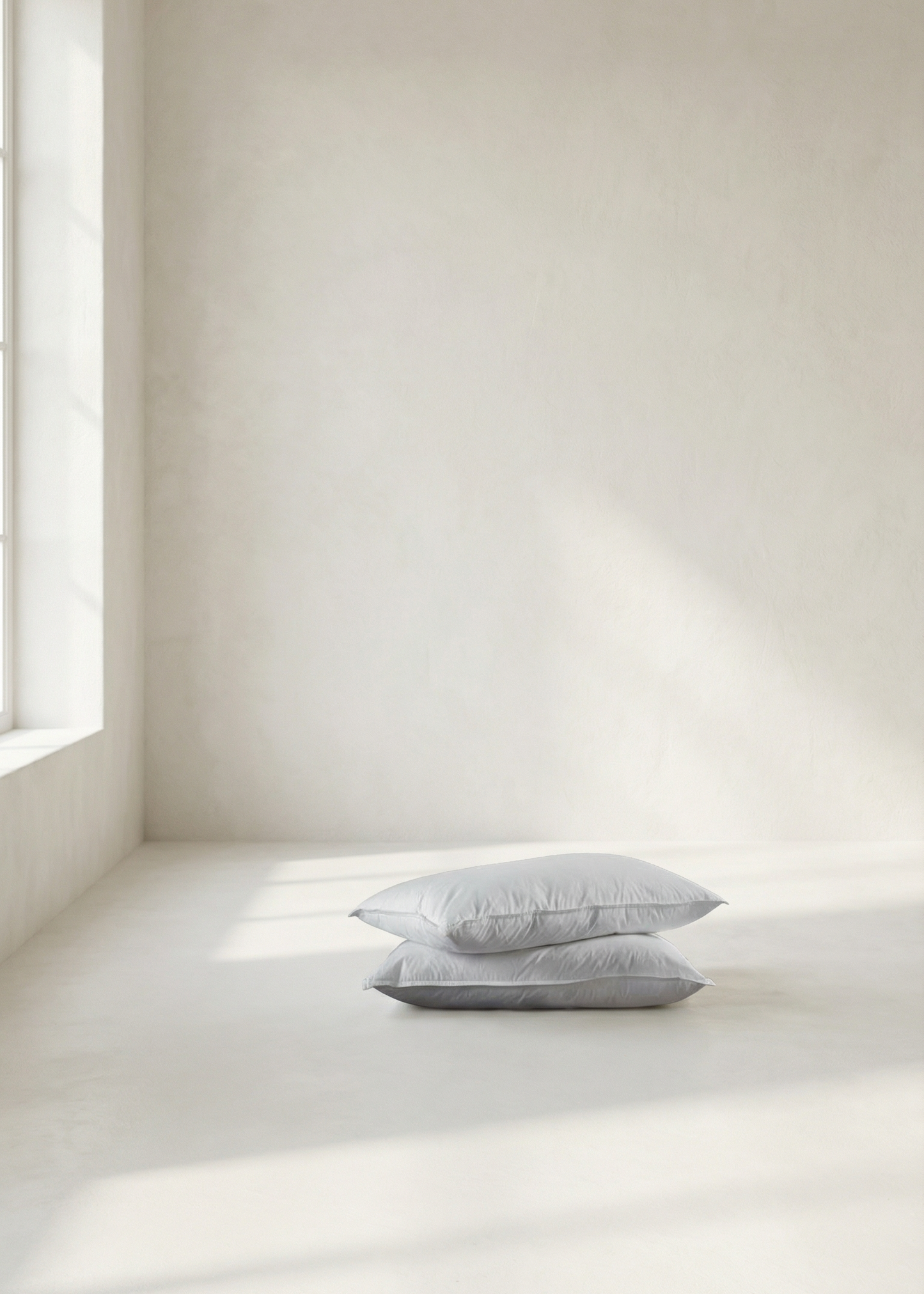 Two pillows on a light-colored floor with a neutral wall and window in the background
