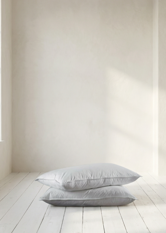Two gray pillows on a white wooden floor with a neutral wall background
