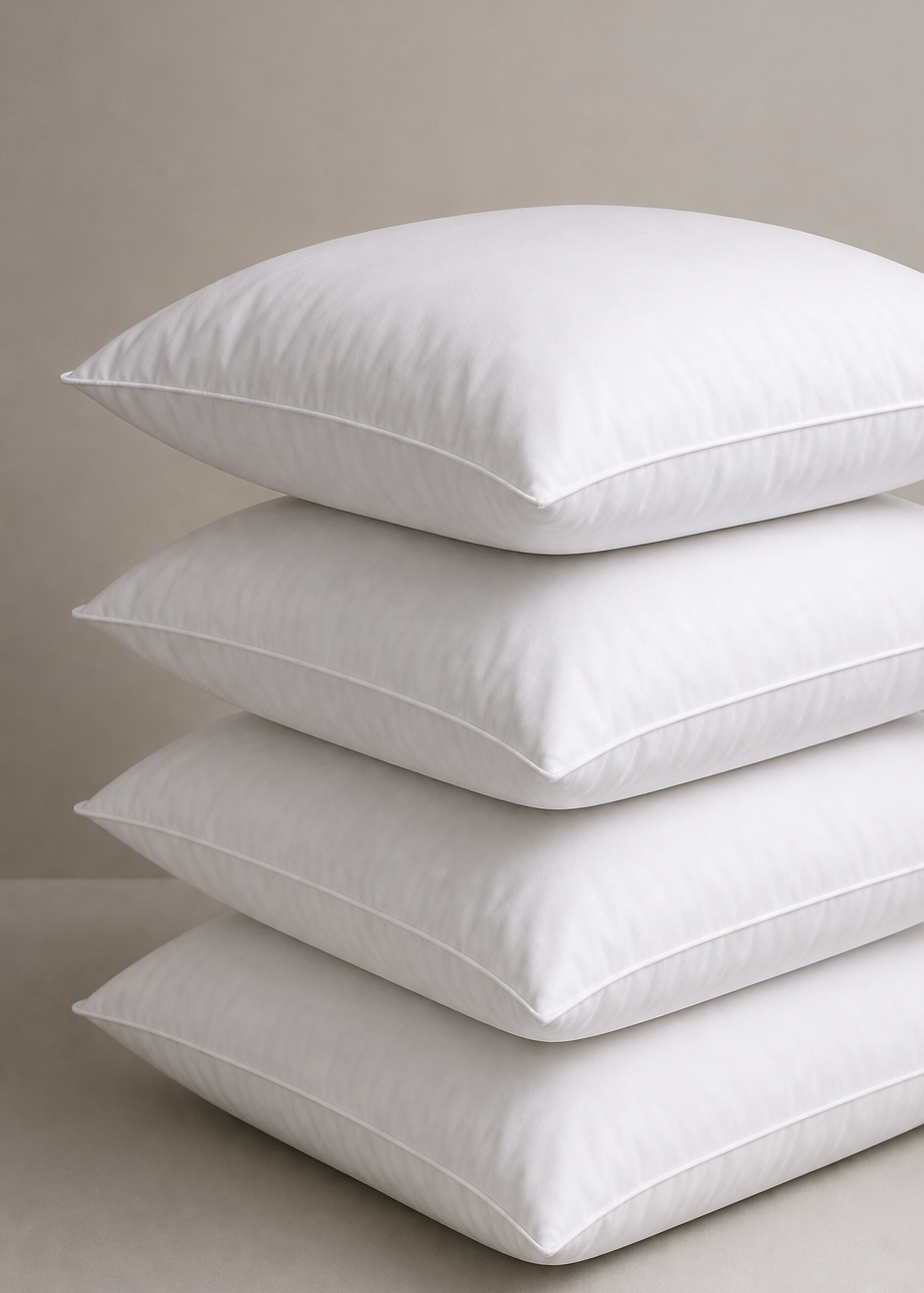 Four white feather cushion liners stacked vertically on a neutral beige background, with a product label card below showing size, weight, and feature icons.