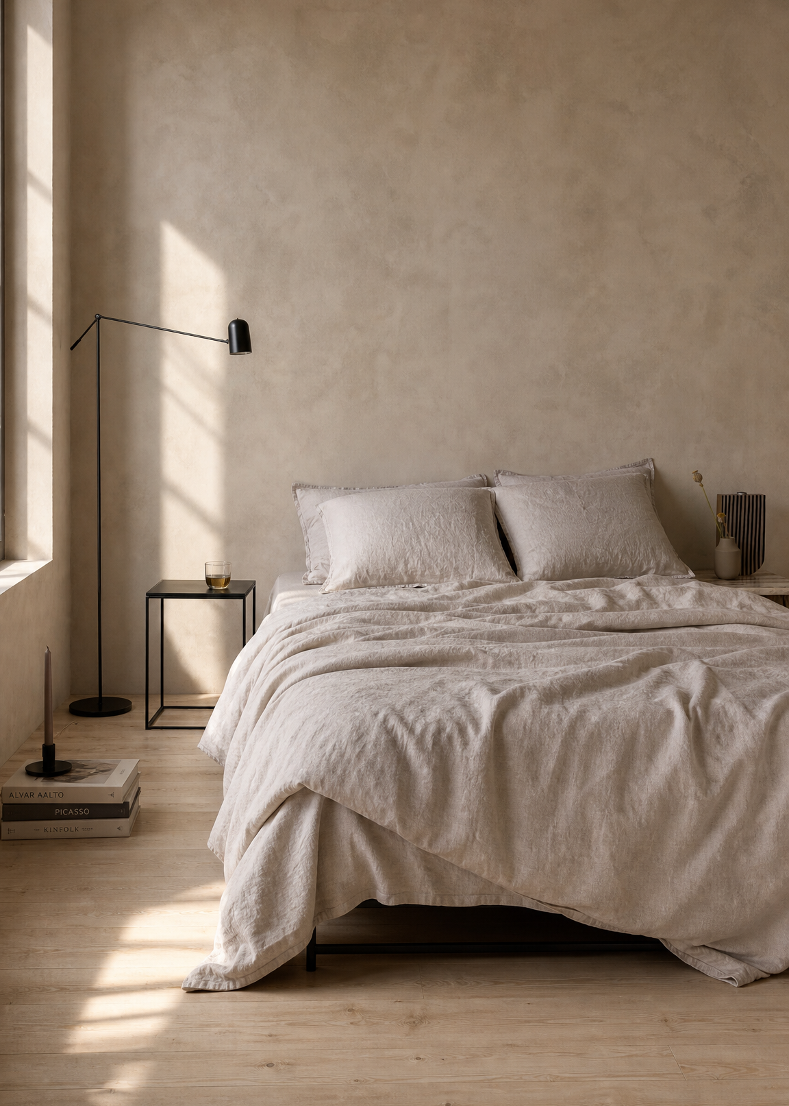 A minimalist bedroom scene with a neatly made bed dressed in light beige linen bedding, set against a textured plaster wall with warm sunlight streaming in from a window.