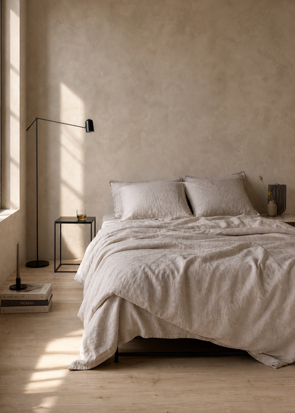 A minimalist bedroom scene with a neatly made bed dressed in light beige linen bedding, set against a textured plaster wall with warm sunlight streaming in from a window.