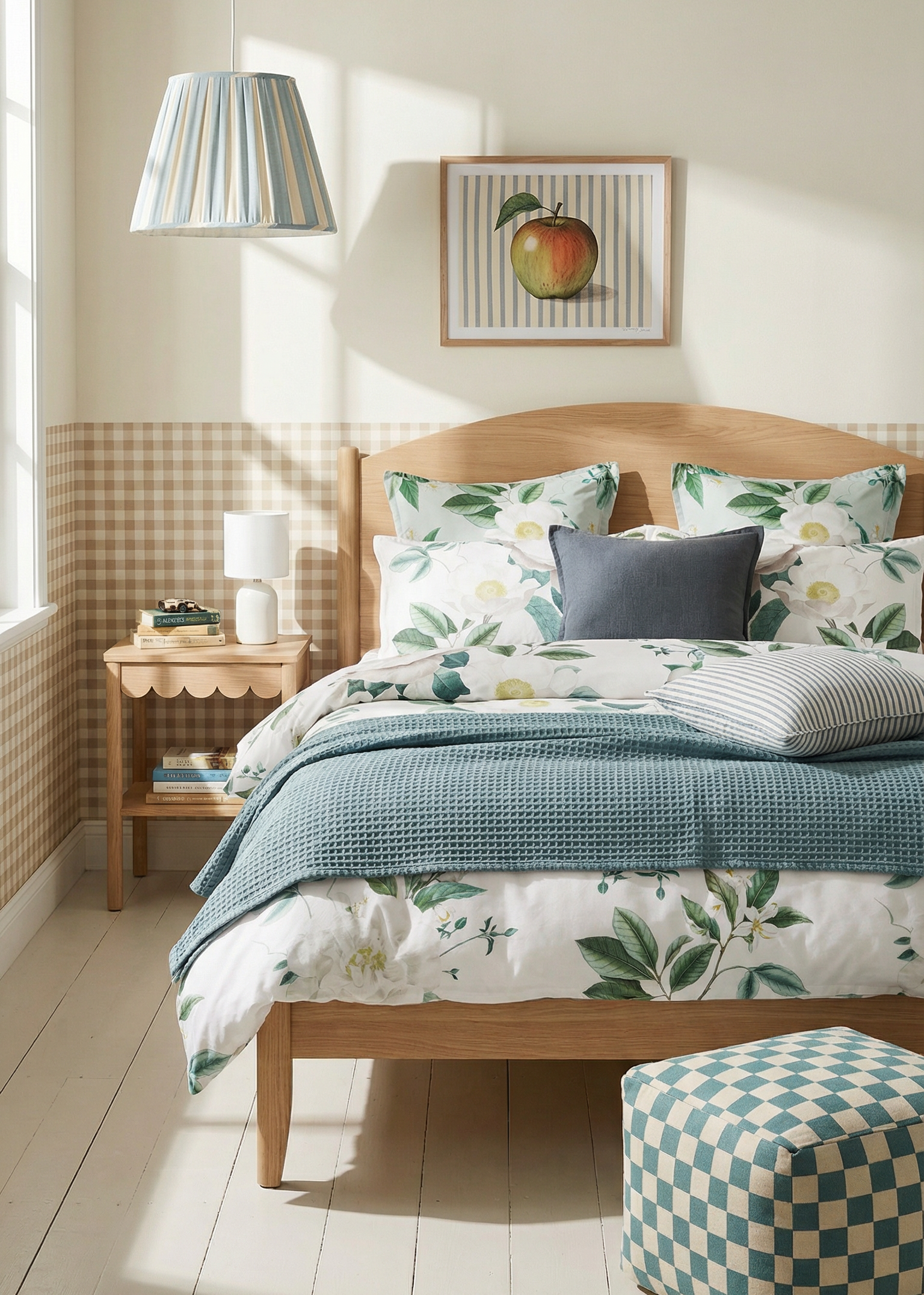 Bedroom with floral bedding and a checkered ottoman.