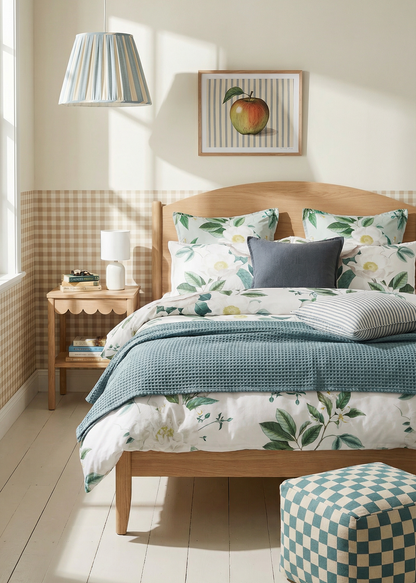 Bedroom with floral bedding and a checkered ottoman.