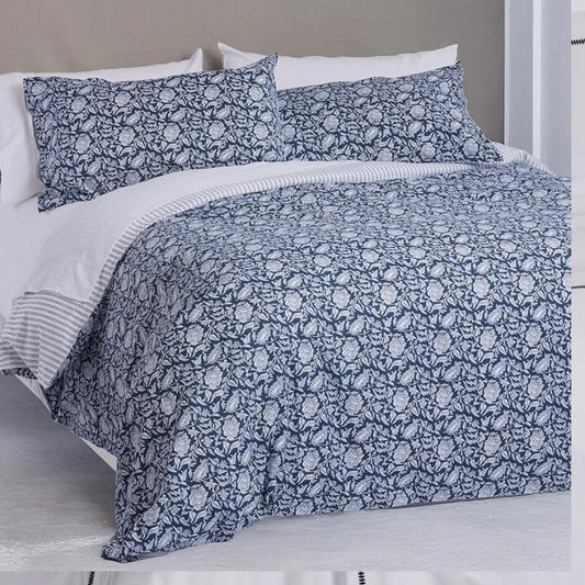 Floral Batik-Style Cotton Duvet Set - Blue