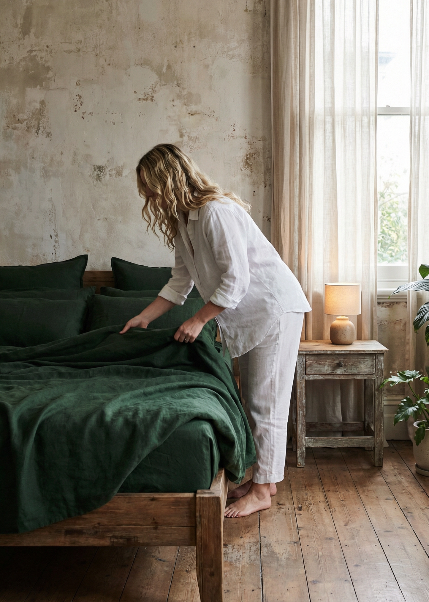 Woman making a bed in a rustic bedroom with wooden floor and large window.