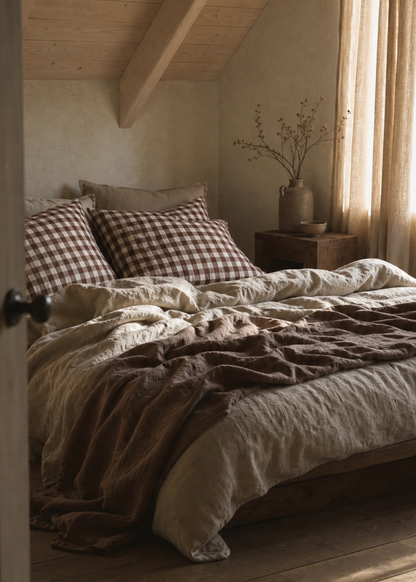 Cozy bedroom with wooden beams, a bed with plaid pillows, and sunlight streaming through curtains.