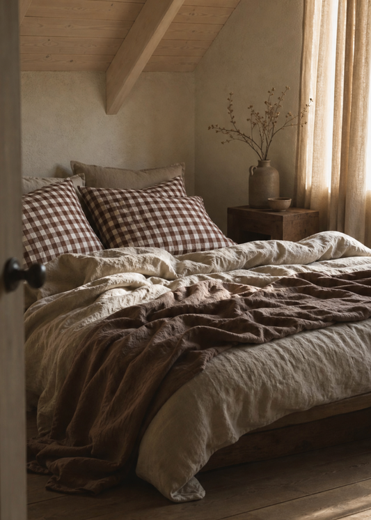 Cozy bedroom with wooden beams, a bed with plaid pillows, and sunlight streaming through curtains.