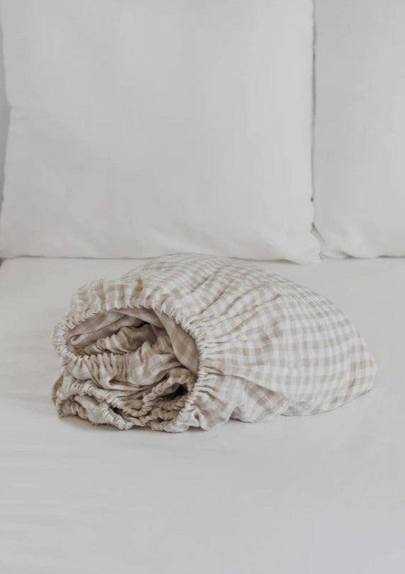 New Gingham linen Fitted Sheet | Natural