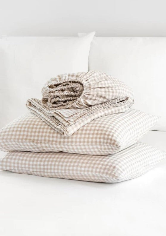 New Gingham linen Fitted Sheet | Natural