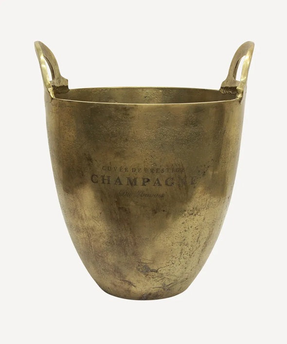 Brass champagne cooler with 'Champagne' text on a white background