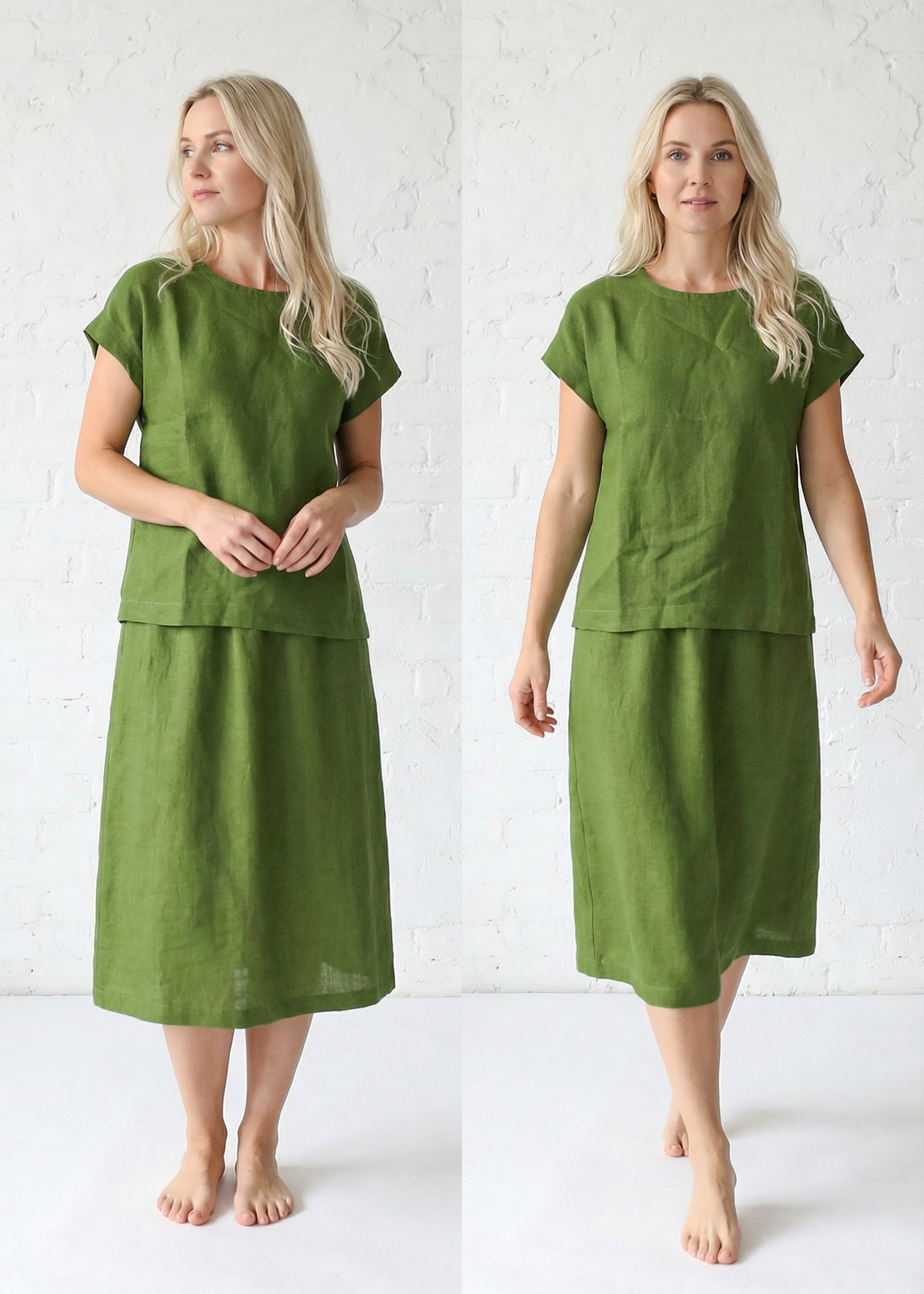 Woman wearing a green outfit on a white background