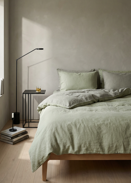 Modern bedroom with a bed, side table, and lamp against a neutral wall.