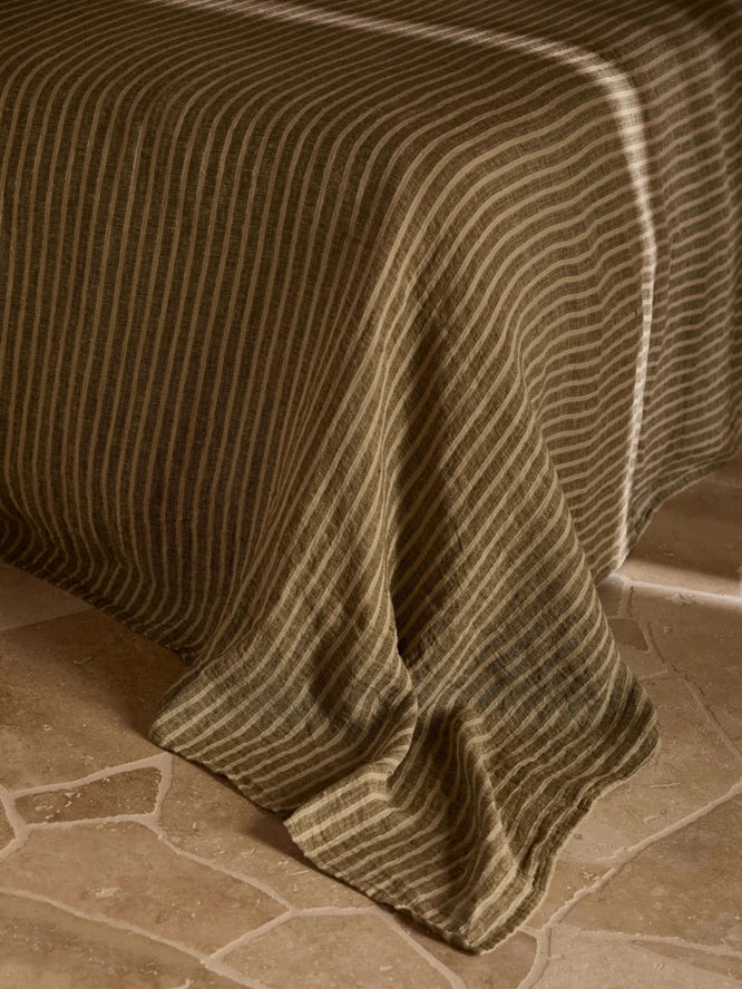 Pure Linen Bedcover |  Khaki Stripe