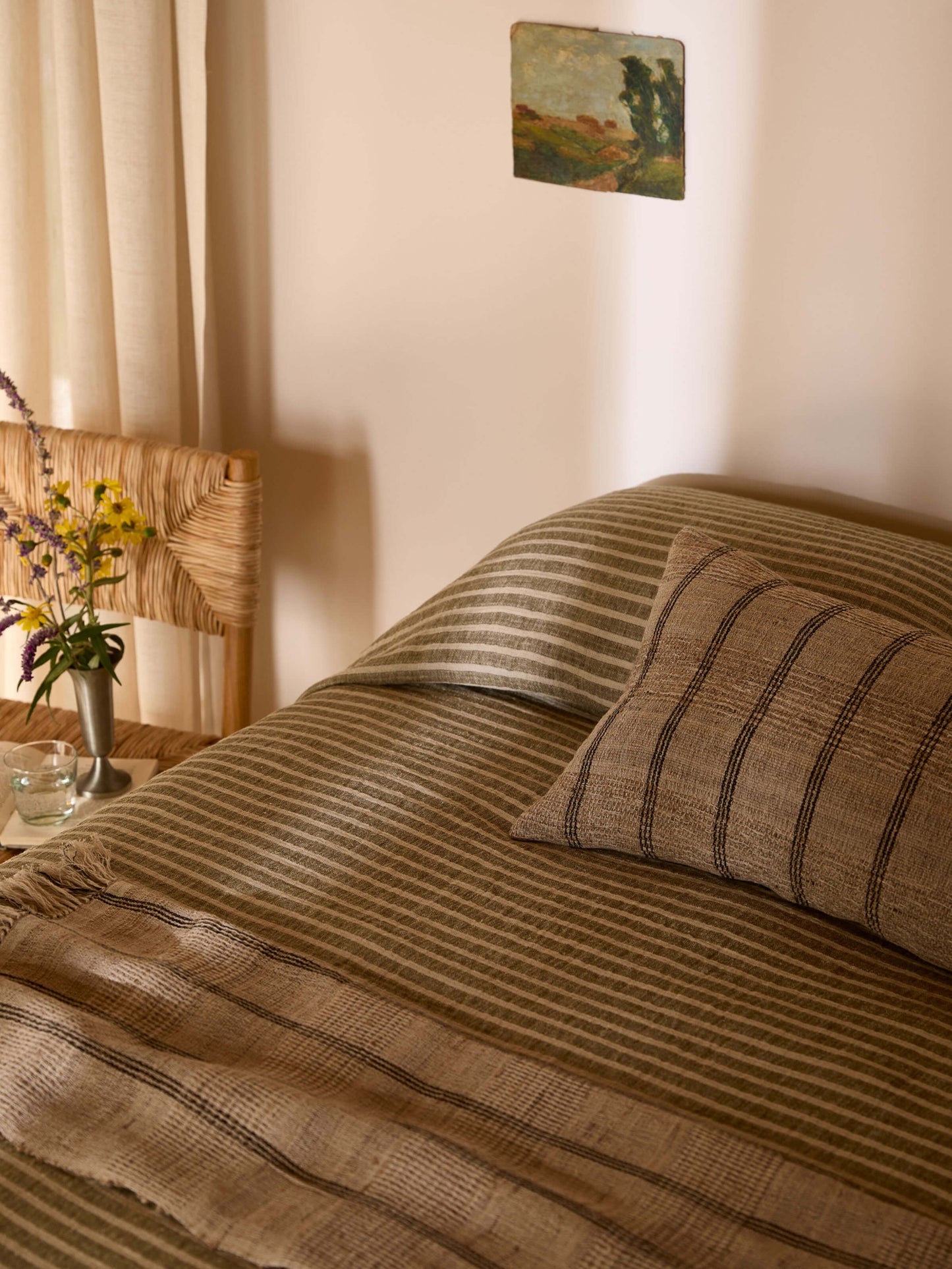 Pure Linen Bedcover |  Khaki Stripe