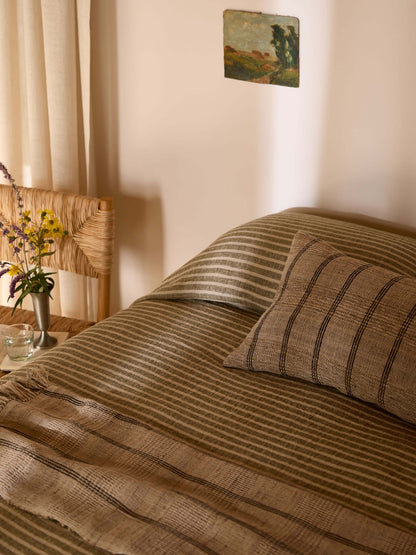 Pure Linen Bedcover |  Khaki Stripe