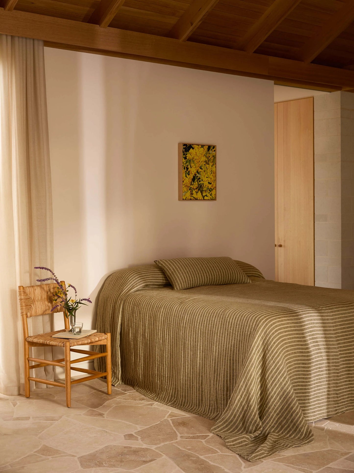 Pure Linen Bedcover |  Khaki Stripe