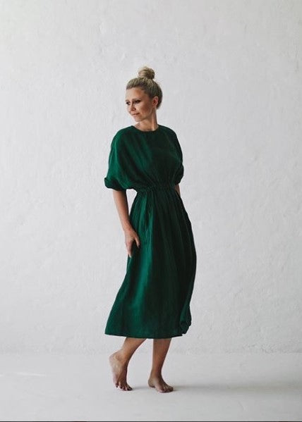 Gathered waist Linen Dress | Green