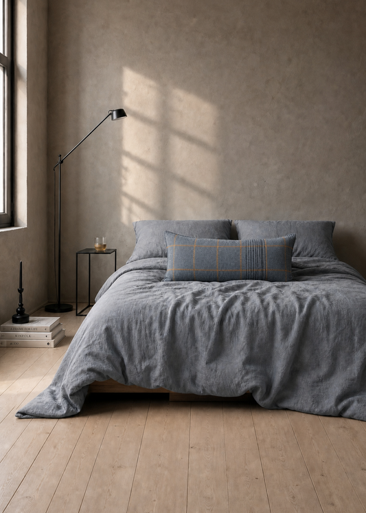 Bedroom with gray bedding and a lamp on a wooden floor.