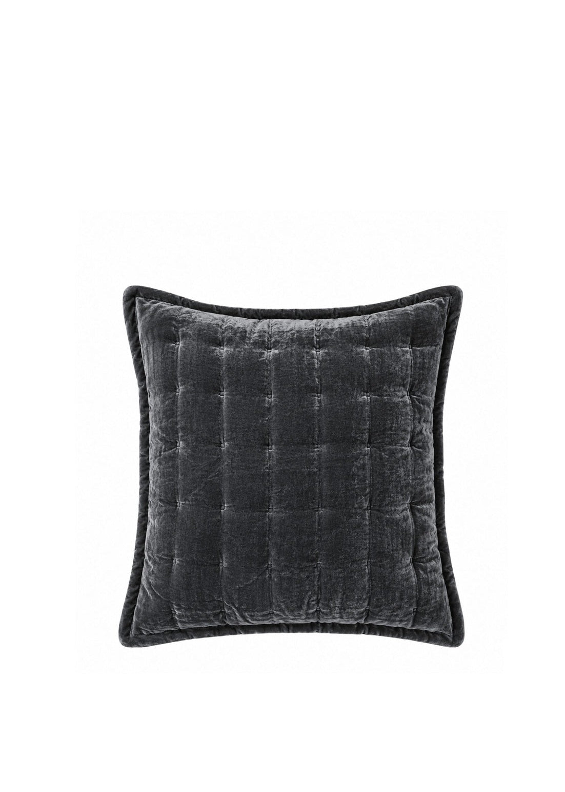 A square dark gray velvet throw pillow with a quilted channel tufted pattern and piped edges, shown against a plain white background.