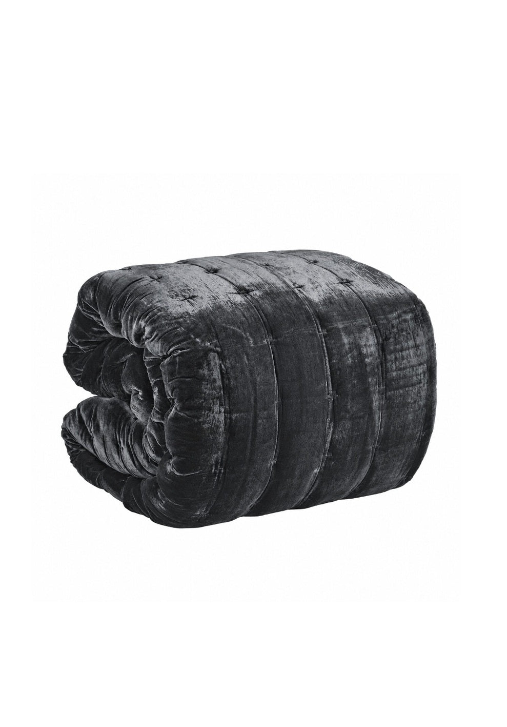 A rolled black velvet quilt or comforter with a tufted button design, shown on a plain white background.