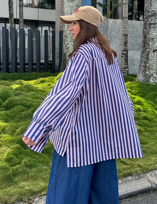 Oversized Cotton Shirt - Navy Stripes