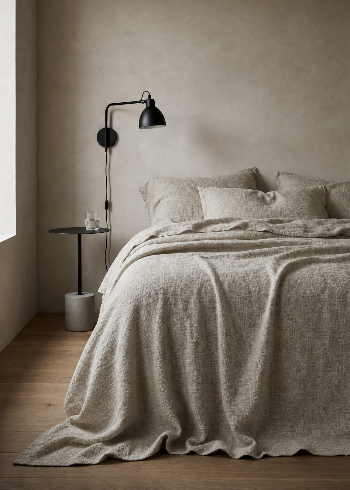 A minimalist bedroom scene featuring a bed dressed in textured beige linen bedding, with a black wall-mounted lamp and a small side table against a warm beige plaster wall.