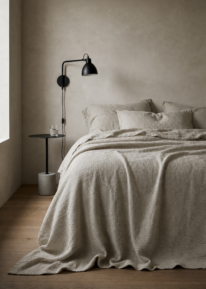 A minimalist bedroom scene featuring a bed dressed in textured beige linen bedding, with a black wall-mounted lamp and a small side table against a warm beige plaster wall.