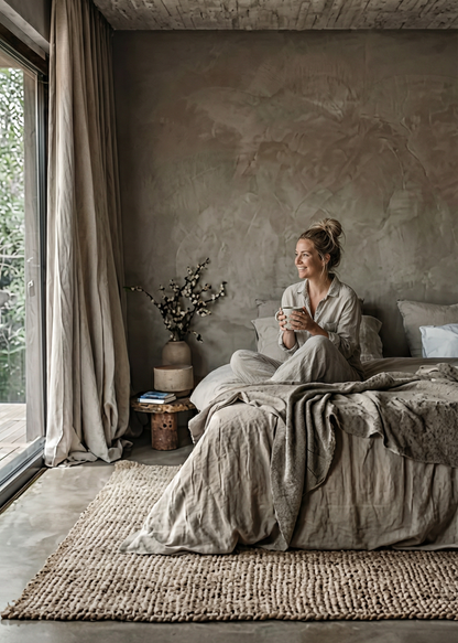 Woman sitting on a bed in a modern bedroom with concrete walls and floor.