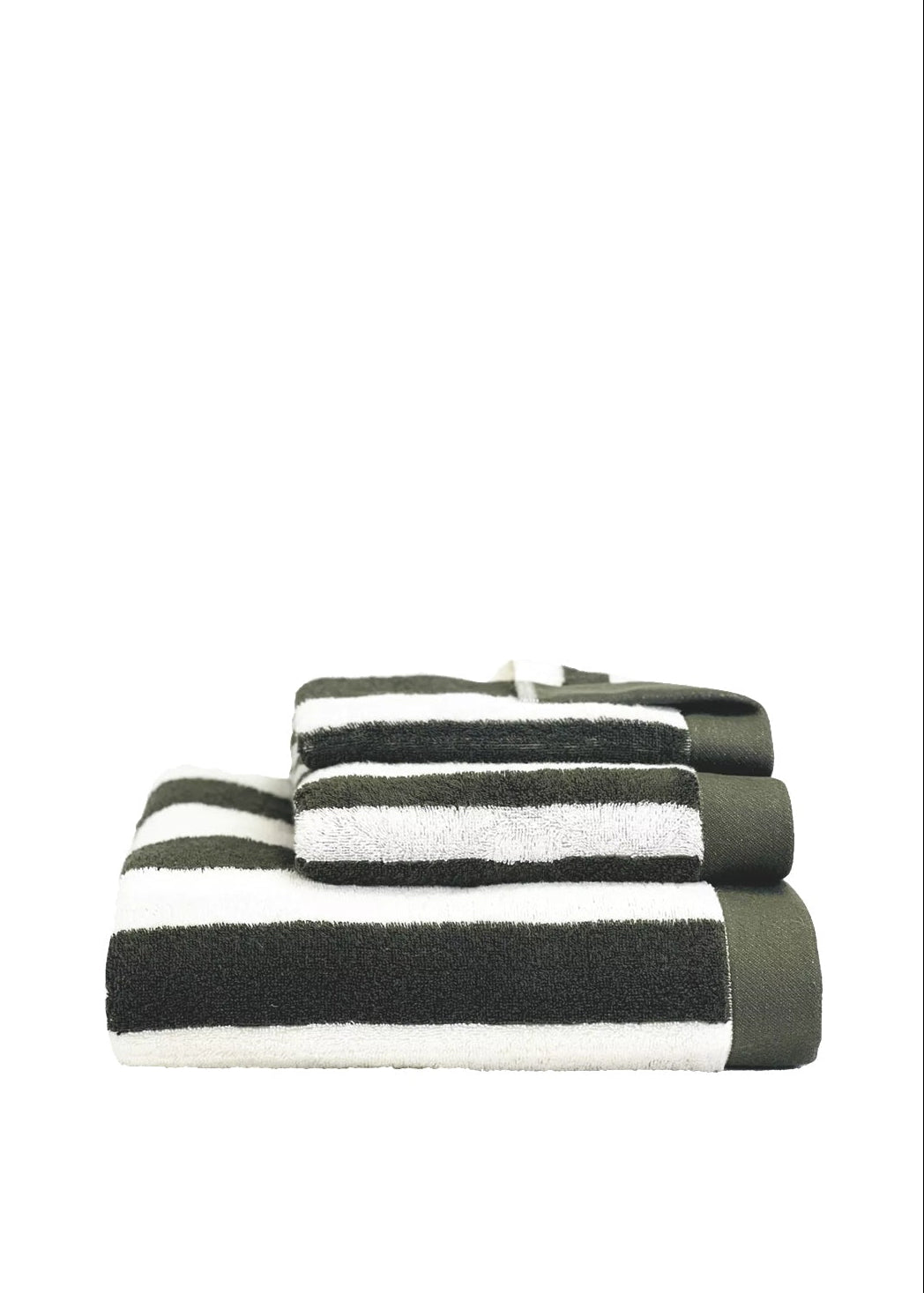 A set of three folded striped towels in dark green and white, arranged in a stack on a plain white background.