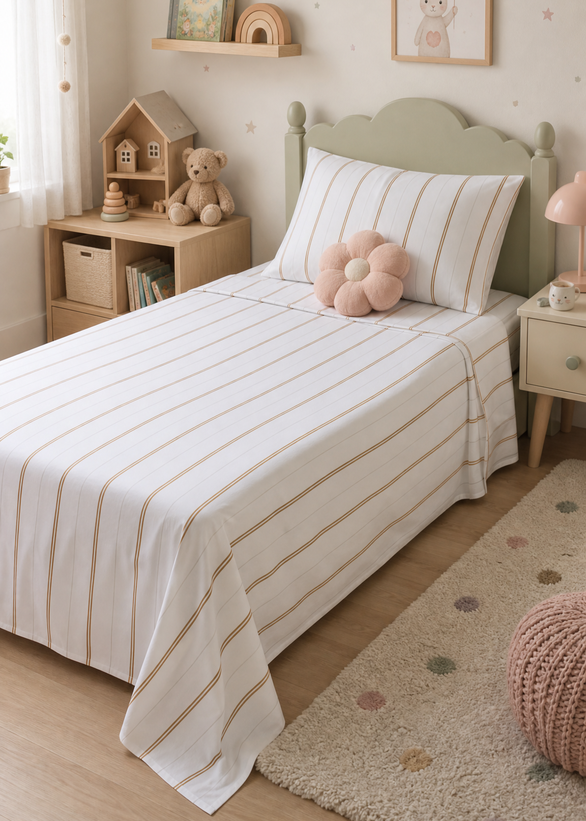 Children's bedroom with a bed, shelves, and decorative items.