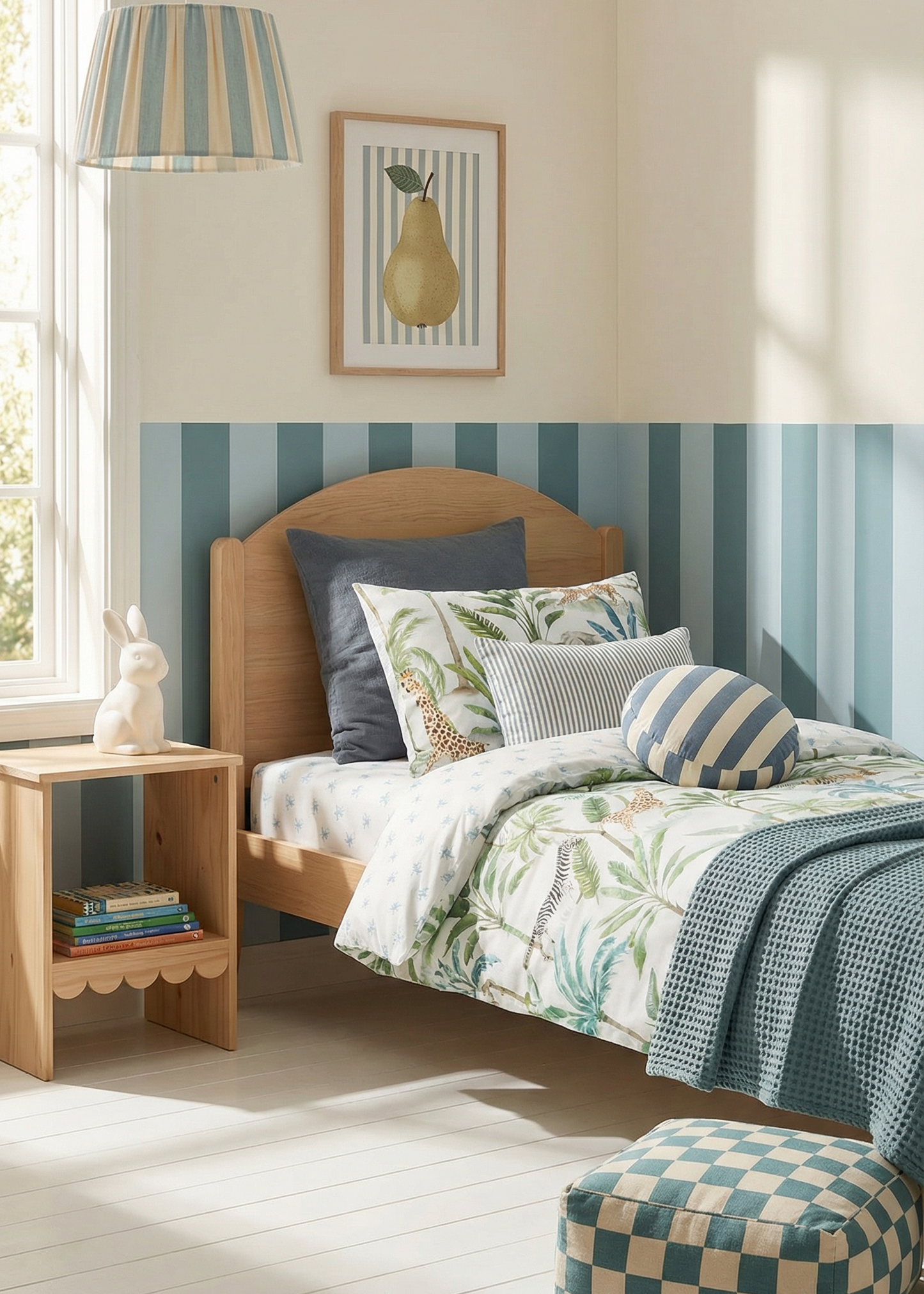 Bedroom with wooden bed, striped headboard, and checkered ottoman.