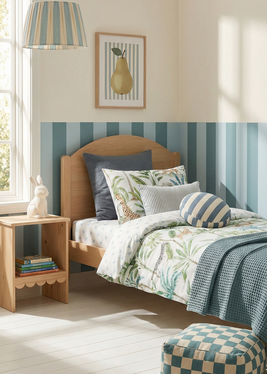 Bedroom with wooden bed, striped headboard, and checkered ottoman.