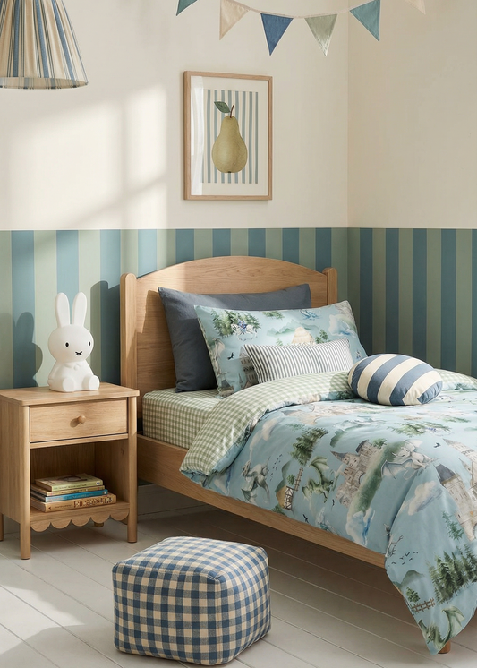 Children's bedroom with wooden bed, striped wallpaper, and decorative elements.