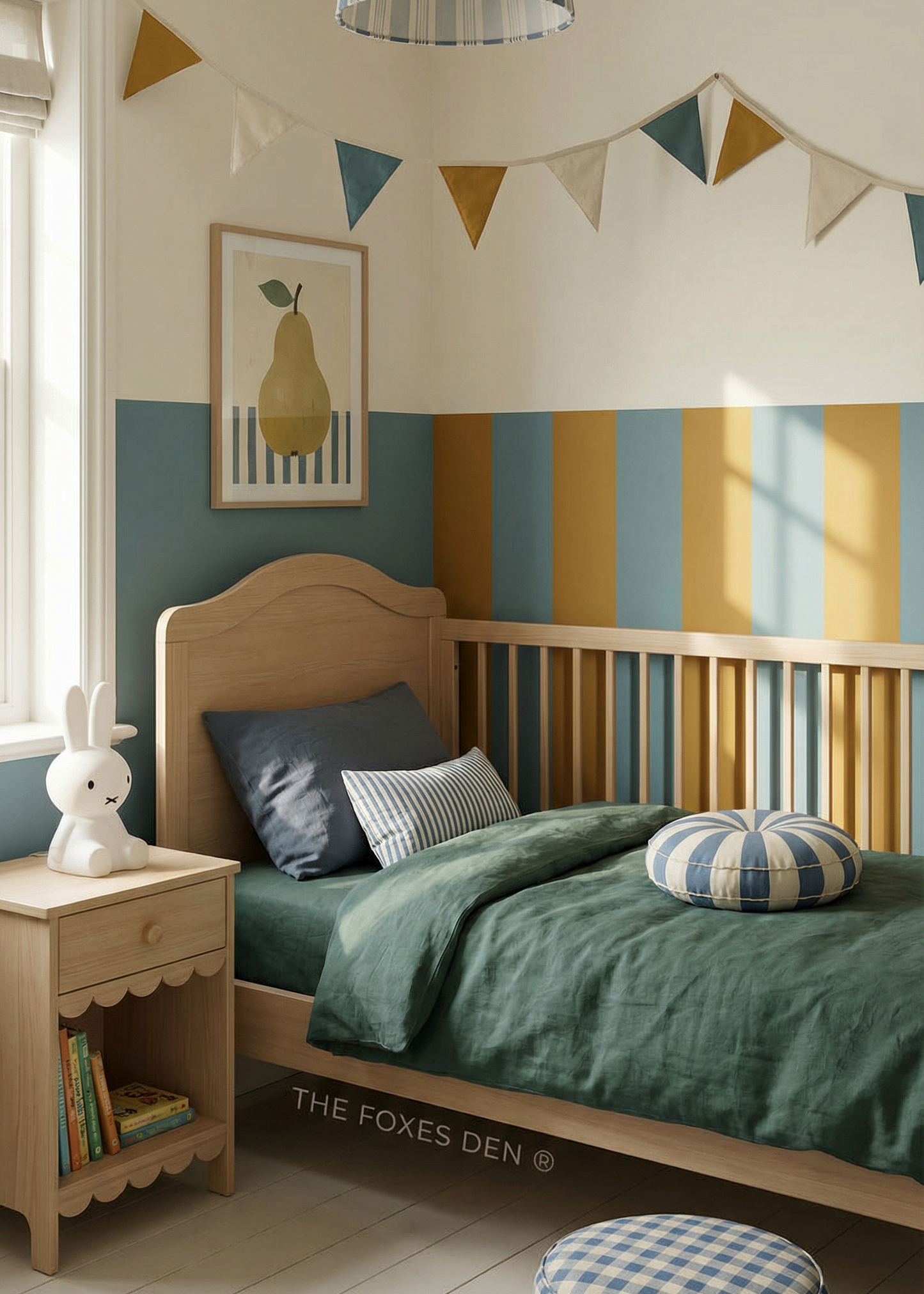 Children's bedroom with striped walls, wooden bed, and decorative elements.
