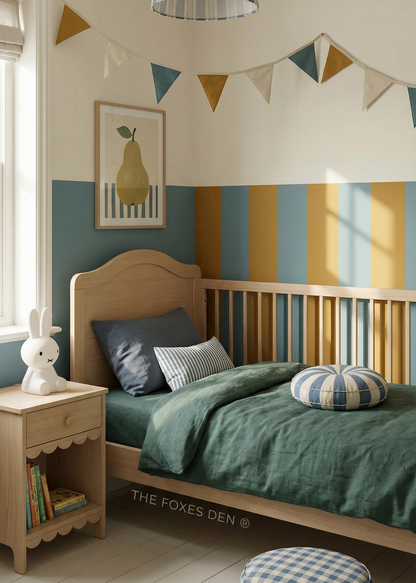 Children's bedroom with striped walls, wooden bed, and decorative elements.