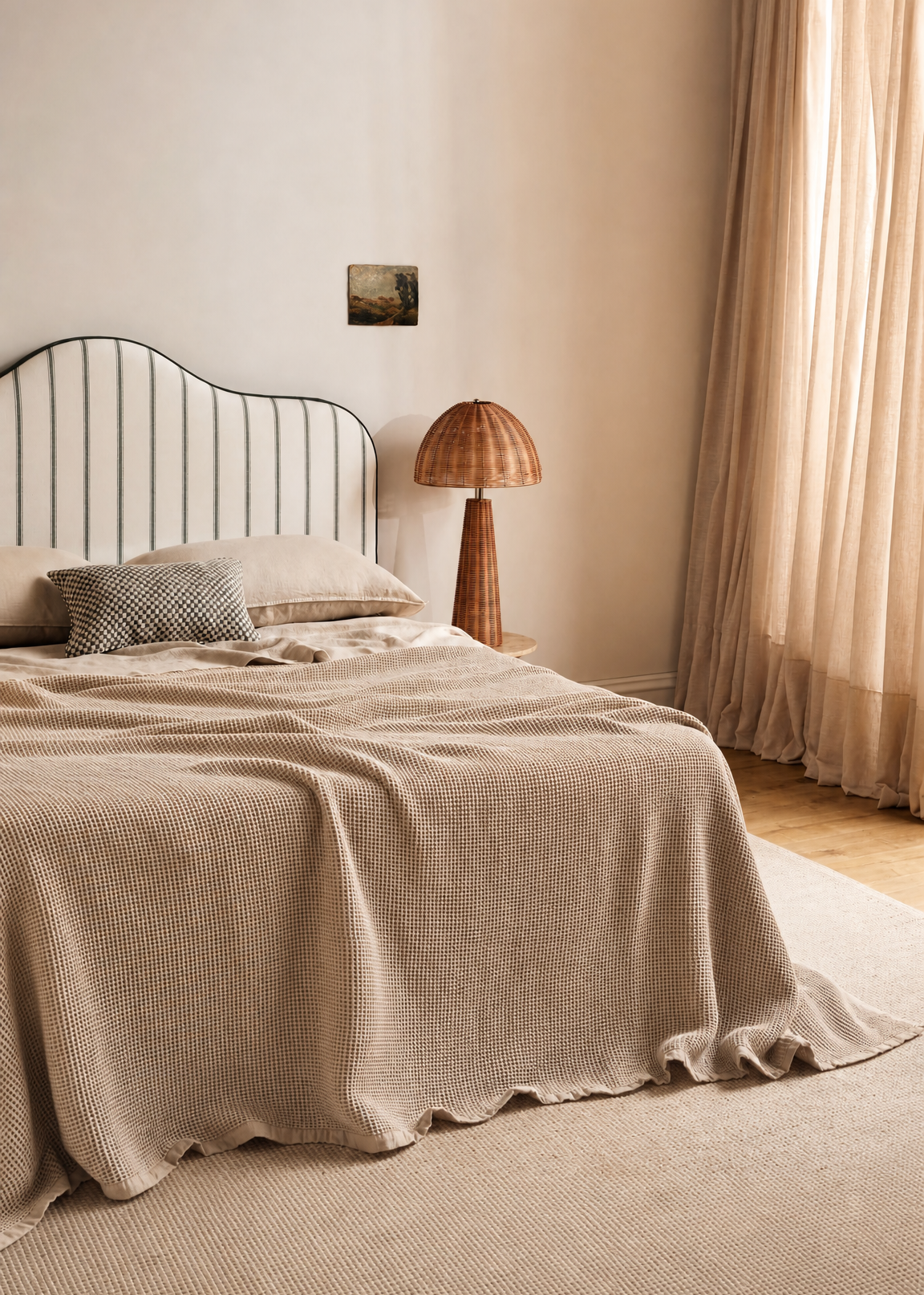 Neatly made bed with beige blanket and lamp in a bedroom setting