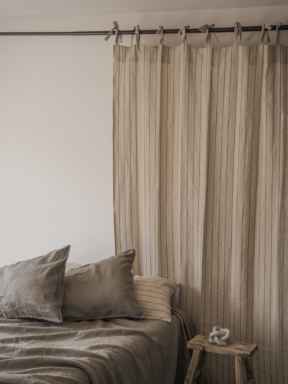 Tie Top Linen Curtains | Latte Stripe