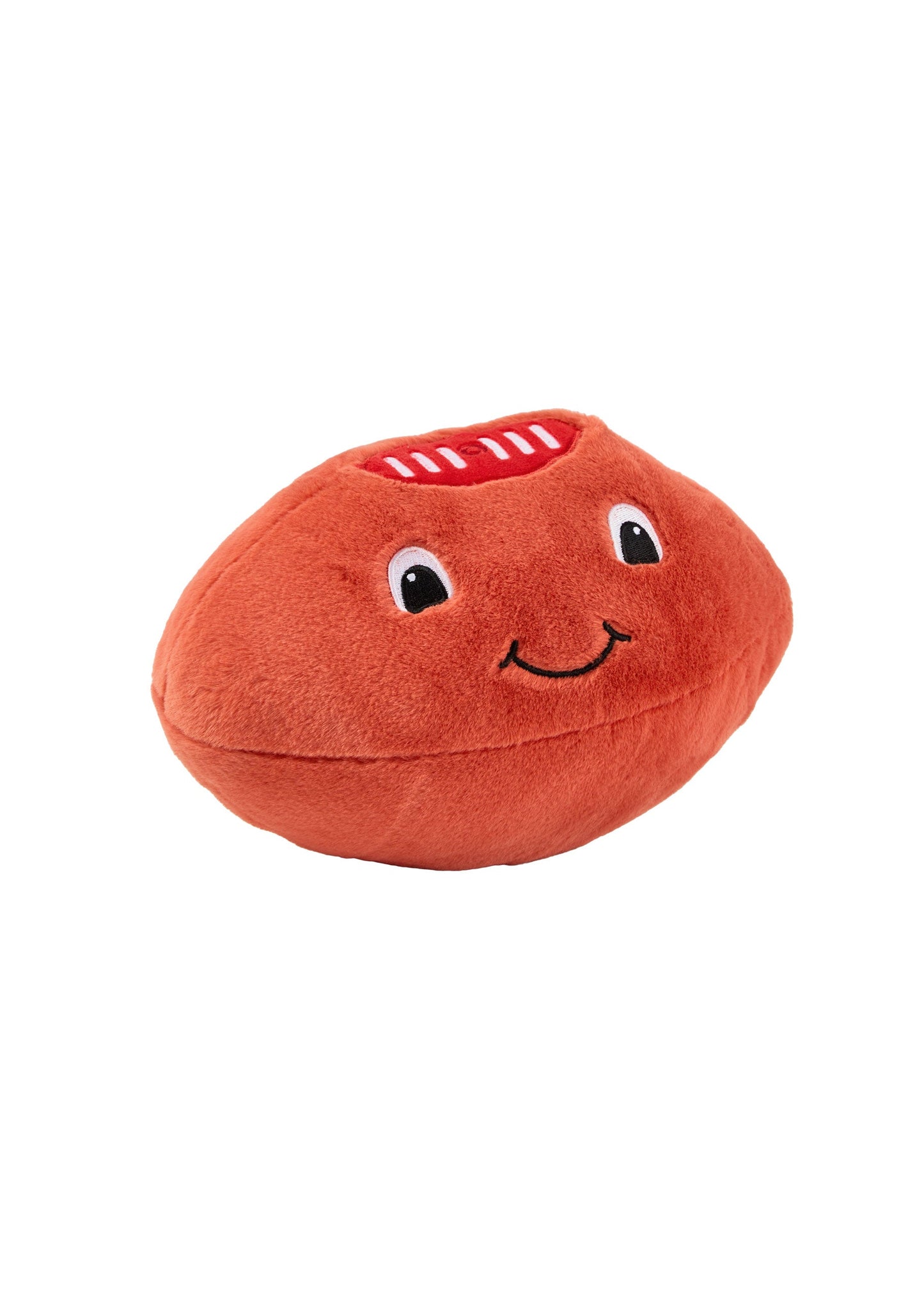 Red plush toy with a smiling face on a white background