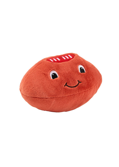 Red plush toy with a smiling face on a white background
