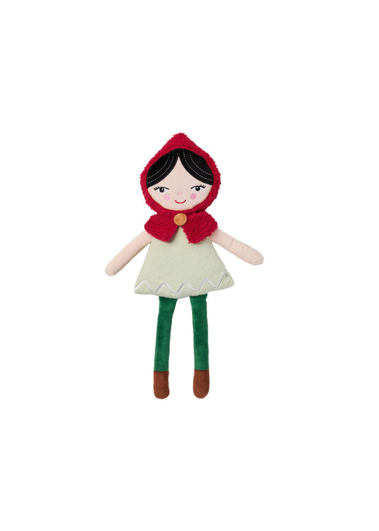 Felt doll with a red hood, white dress, green pants, and brown shoes on a white background