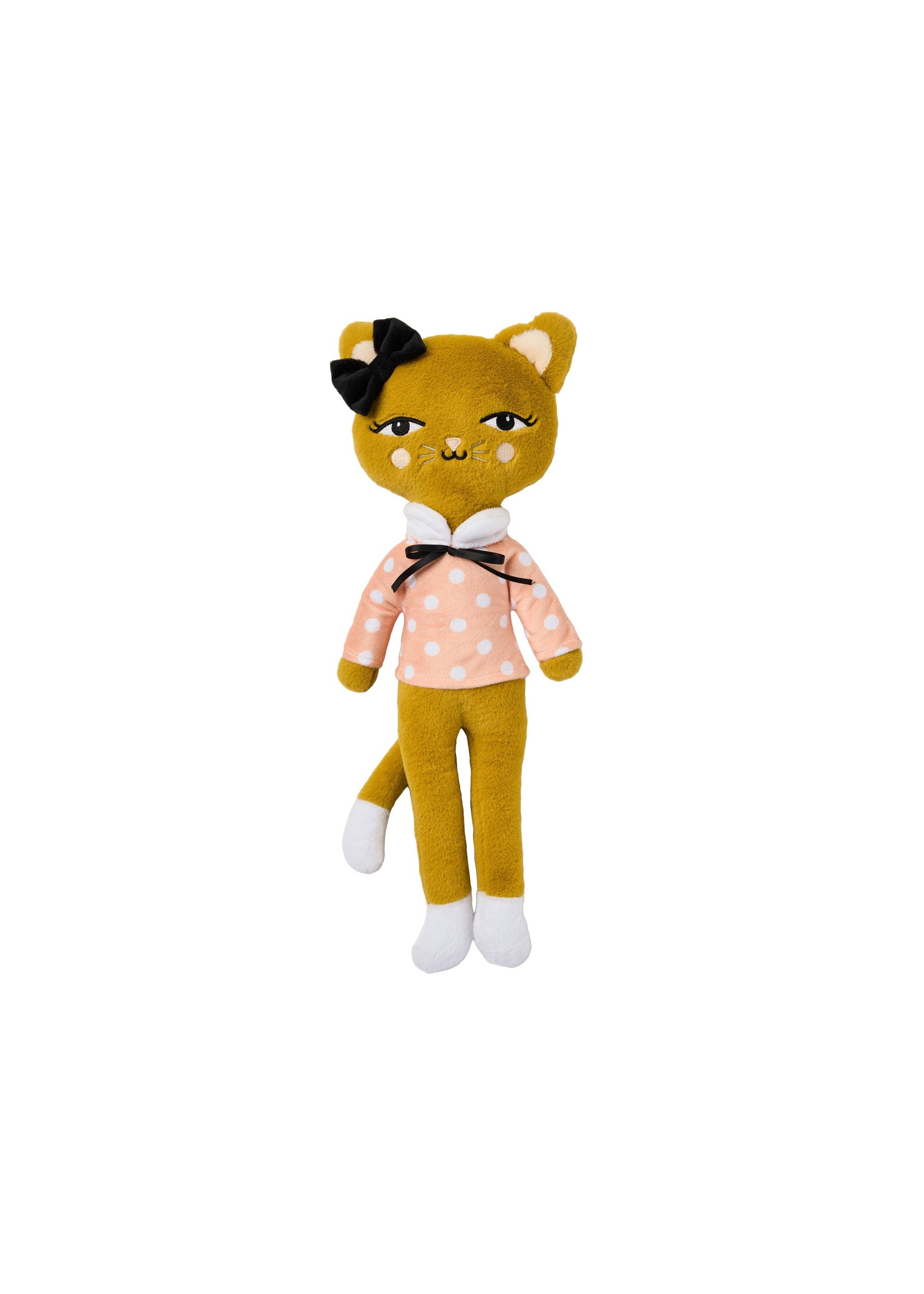 Stuffed toy cat with a polka dot shirt and bow tie on a white background