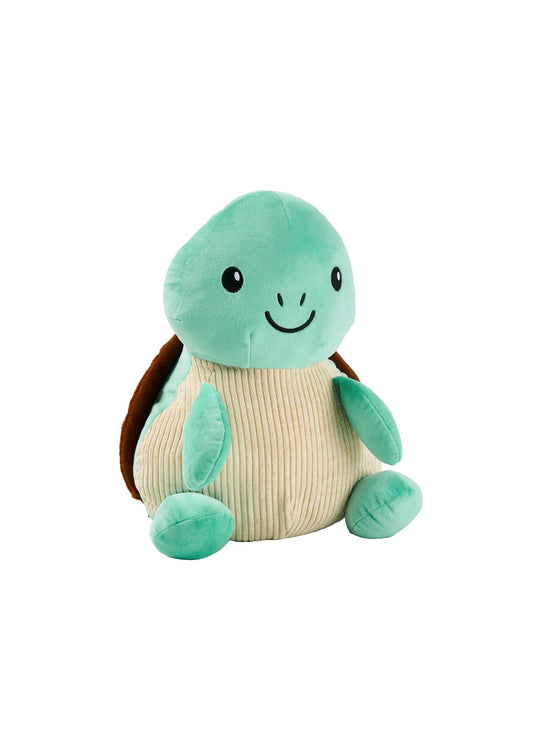 Plush turtle toy with a smiley face on a white background