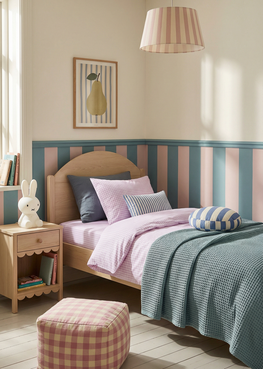 Children's bedroom with a bed, nightstand, and decorative items.